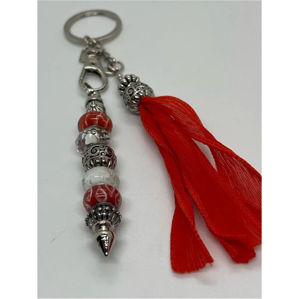 Hand-Crafted Orange Silver Silk Tassel Beaded Purse Bag Charm Keychain NWT